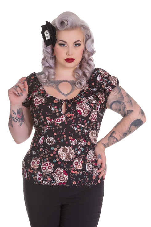 Hell Bunny Plus Size Black Rockabilly Skull Love Top - Click Image to Close