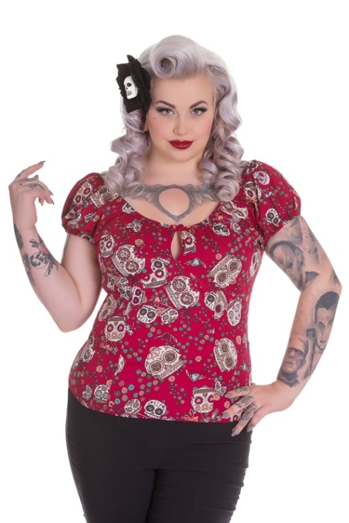 Hell Bunny Plus Size Red Rockabilly Skull Love Top - Click Image to Close