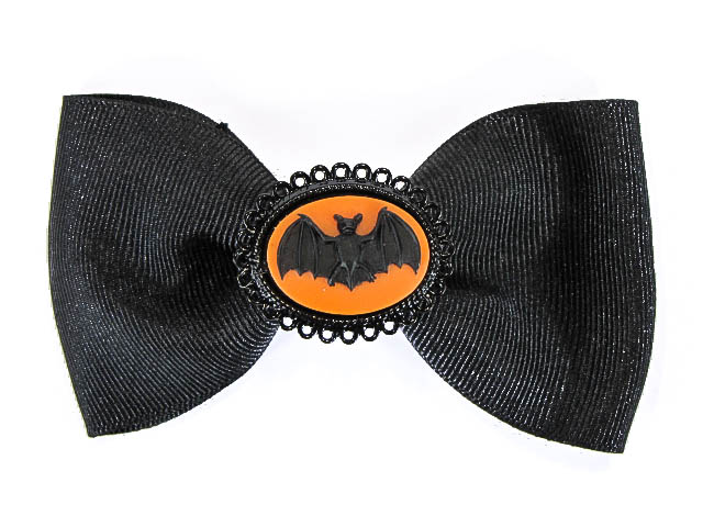 Hairy Scary Black Bow w Orange & Black Bat Cameo Jezebow Hair Clip - Click Image to Close