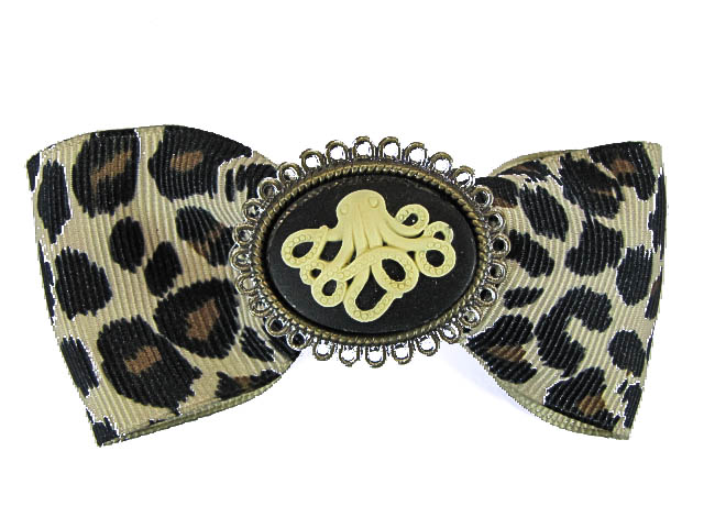 Hairy Scary Leopard Bow w Octopus Squid Cameo Jezebow Hair Clip - Click Image to Close