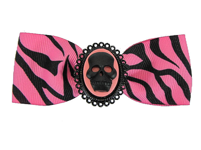 Hairy Scary Pink & Black Zebra Bow w Skull Cameo Jezebow Hair Clip - Click Image to Close