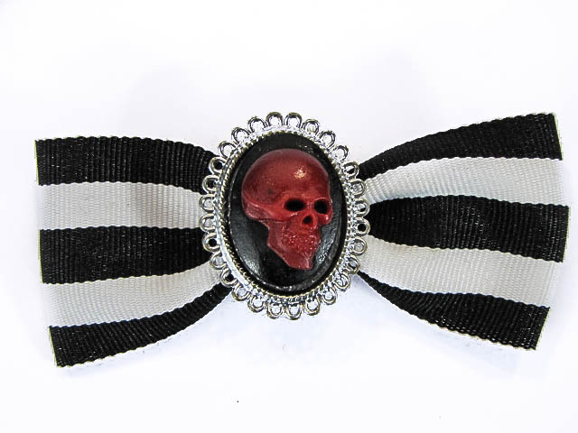 Hairy Scary Black & White Striped Bow w Red Skull Cameo Jezebow Hair Clip - Click Image to Close