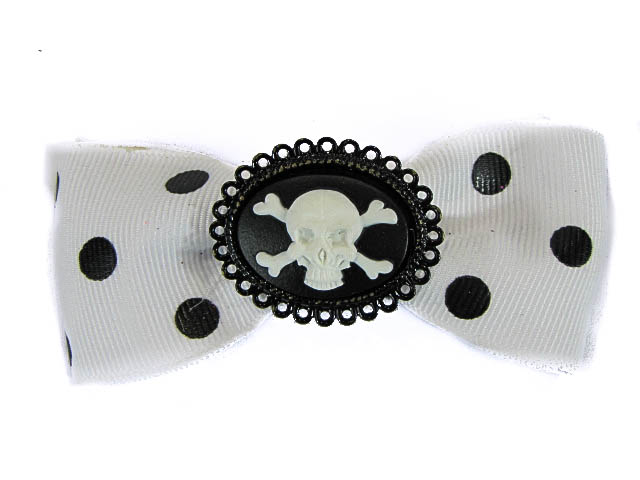 Hairy Scary White & Black Polkadot Bow w Skull & Crossbones Cameo Jezebow Hair Clip