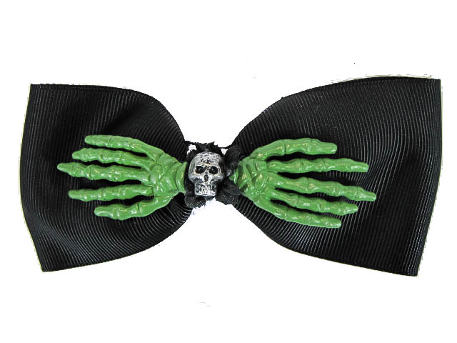 Hairy Scary Black Bow Skull w Green Skeleton Hands Skulleton Hair Clip - Click Image to Close