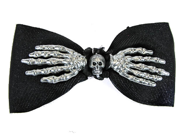 Hairy Scary Black Bow Skull w Silver Skeleton Hands Skulleton Hair Clip