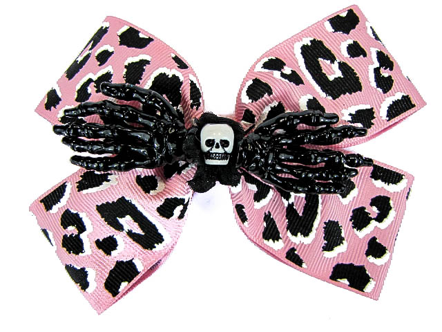 Hairy Scary Pink Leopard Double Bow Skull w Black Skeleton Hands Skulleton Hair Clip - Click Image to Close