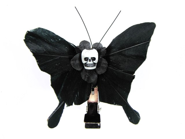 Hairy Scary All Black Small Kahlovera Skull Butterfly Feather Hair Clip - Click Image to Close