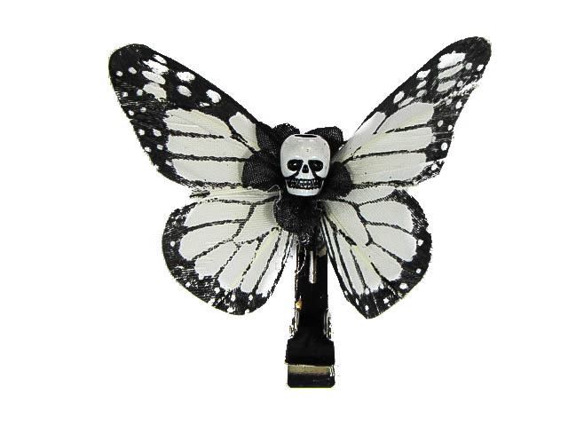 Hairy Scary White & Black Small Kahlovera Skull Butterfly Feather Hair Clip