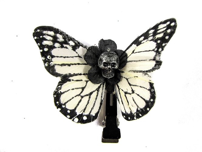 Hairy Scary White & Black Small Kahlovera Skull Butterfly Feather Hair Clip - Click Image to Close