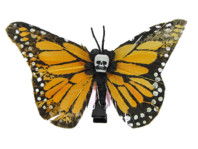 Hairy Scary Light Orange Medium Kahlovera Skull Butterfly Feather Hair Clip - Click Image to Close