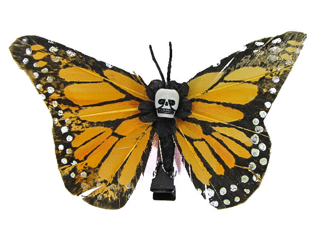 Hairy Scary Light Orange Medium Kahlovera Skull Butterfly Feather Hair Clip