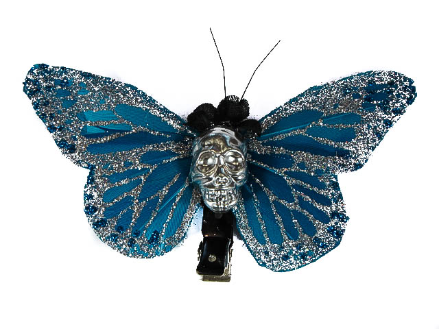 Hairy Scary Blue w Silver Glitter & Silver Large Kahlovera Skull Butterfly Feather Hair Clip