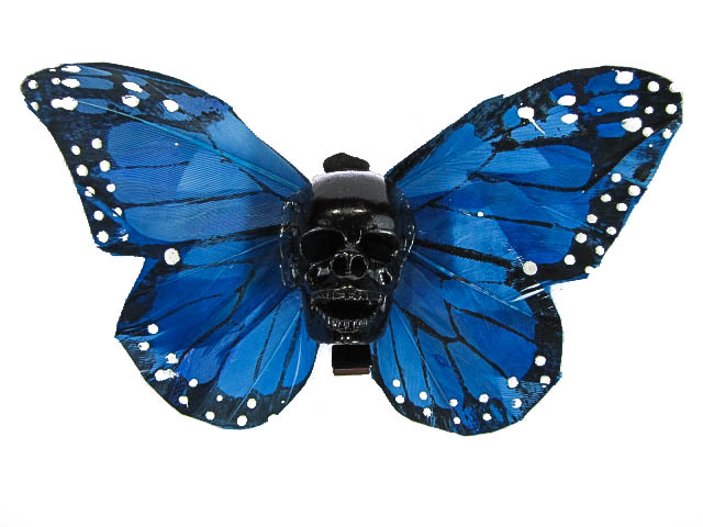 Hairy Scary Blue X Large Kahlovera Skull Butterfly Feather Hair Clip