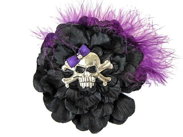 Hairy Scary Black w Magenta Purple Feather & Purple Bow Heavy Metal Skull Crossbones Hair Clip - Click Image to Close