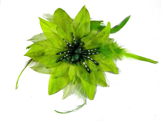 Hairy Scary Neon Green Feather & Spider Tara Tarantula Hair Clip