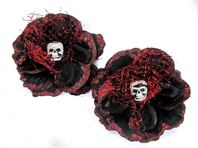 Hairy Scary Black Light Red Glitter Rosie the Reaper Skull Hair Clip Set - Click Image to Close