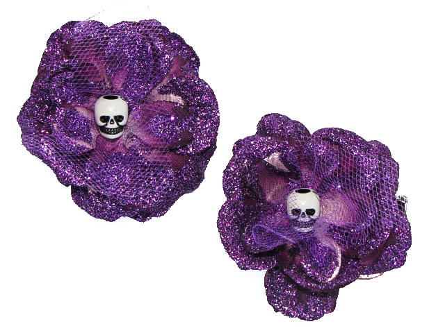 Hairy Scary Purple Glitter Rosie the Reaper Skull Hair Clip Set