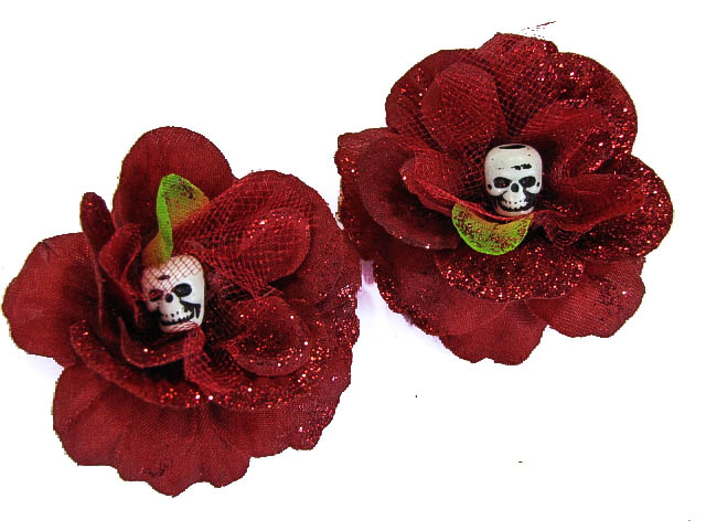 Hairy Scary Red Glitter Rosie the Reaper Skull Hair Clip Set