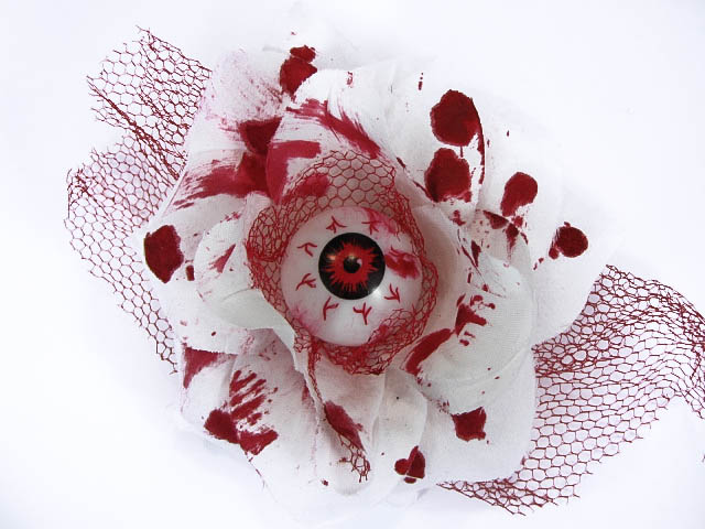 Hairy Scary White and Red Bloody 3D Red Eyeball w Red Netting Eyeleen Hair Clip - Click Image to Close