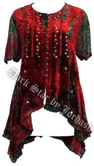 Dark Star Maroon and Green Velvet Irregular Hem Shirt - Click Image to Close