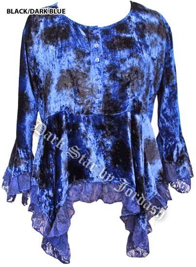Dark Star Blue Gothic Velvet Lace Renaissance Bell Sleeve Top - Click Image to Close