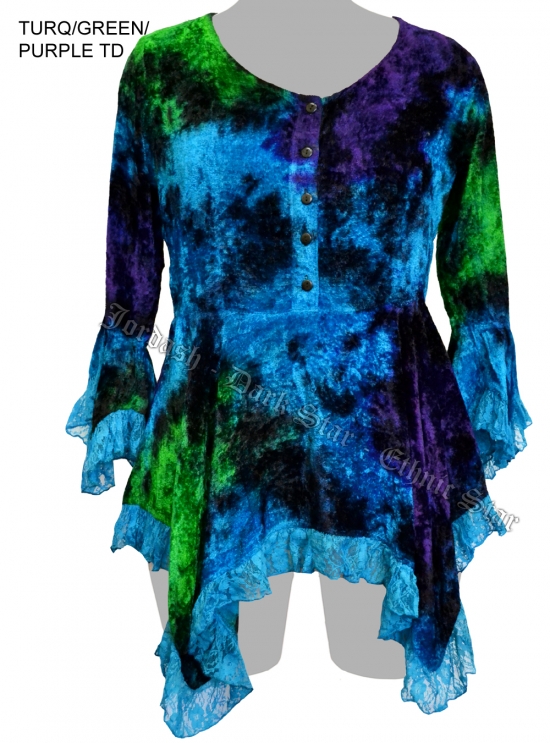 Dark Star Turquoise Green Purple Gothic Velvet Lace Renaissance Bell Sleeve Top - Click Image to Close