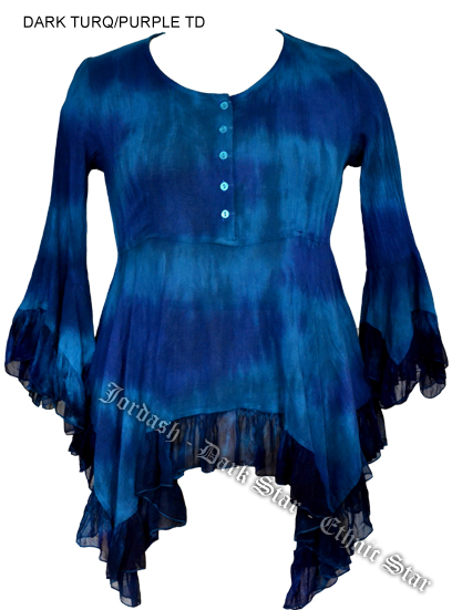 Dark Star Turquoise Dark Purple Gothic Georgette Renaissance Bell Sleeve Top