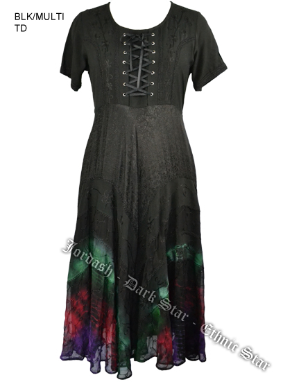 Dark Star Plus Size Black and Multi Die Gothic Corset Long Gown w Sleeves - Click Image to Close