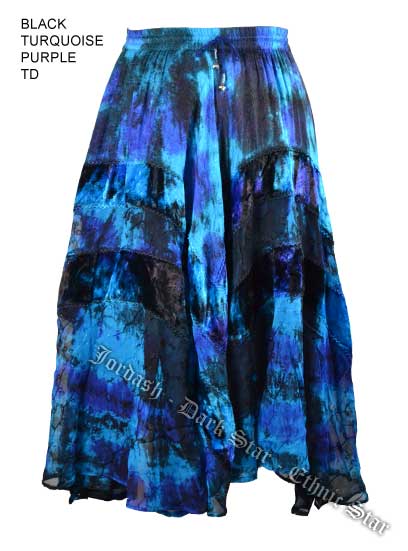 Dark Star Plus Size Long Black Turquoise & Purple Jacquard Satin Embroidered Georgette Skirt - Click Image to Close