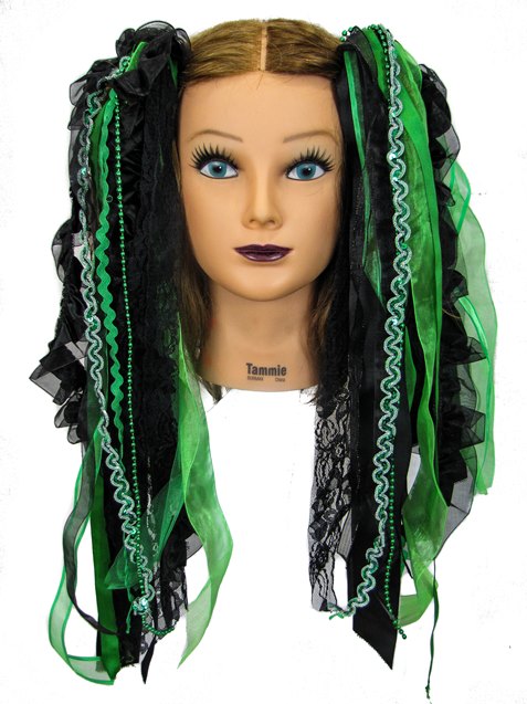 Kelly Green & Black Gothic Ribbon Hair Falls by Dreadful Falls - Click Image to Close