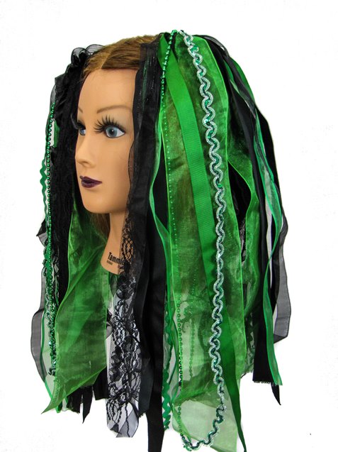 Kelly Green & Black Gothic Ribbon Hair Falls by Dreadful Falls - Click Image to Close