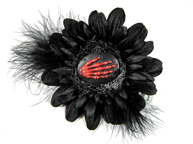 Nick's Bows Black & Black Feather w Red Skeleton Hand Cameo Edgar Allen Poe Hair Clip - Click Image to Close