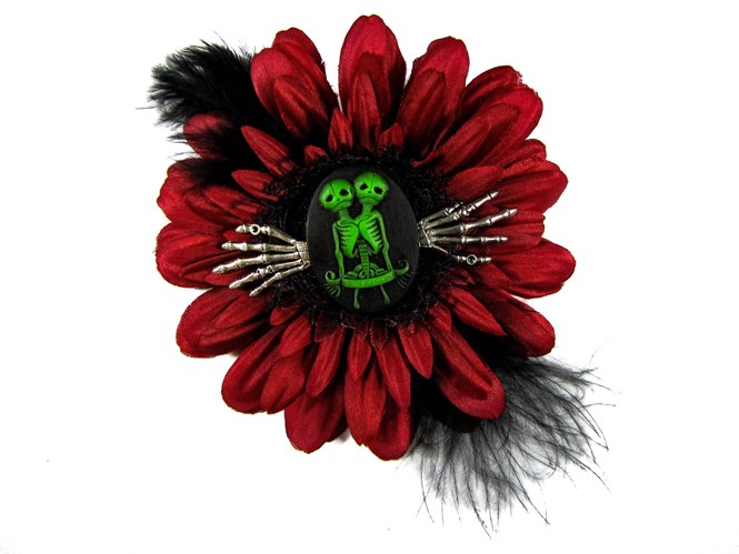 Nick's Bows Burgundy & Black Feather w Green Conjoined Twins Cameo & Silver Hands Edgar Allen Poe Hair Clip - Click Image to Close