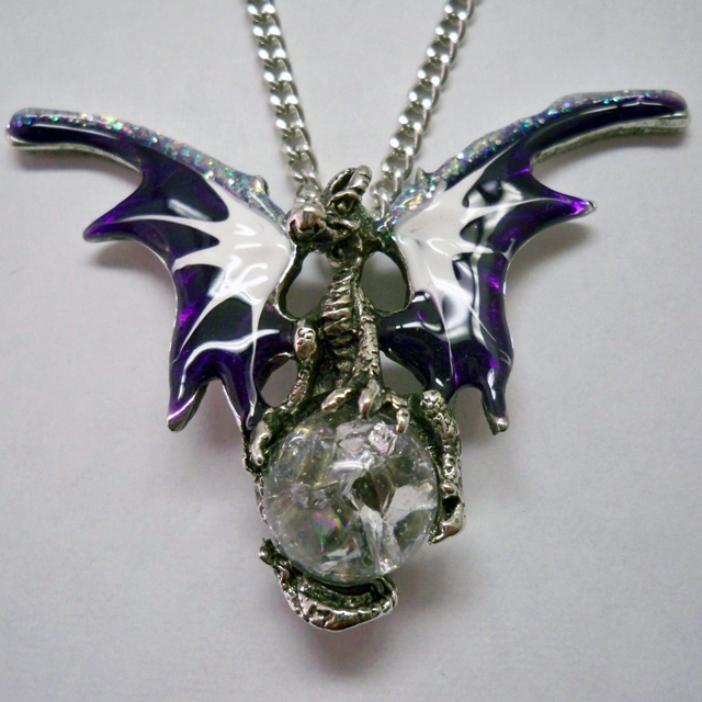 Purple & White Dragon Holding Crystal Orb Necklace