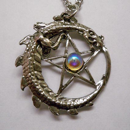 Dragon Encircling Pentacle Necklace  w Aurora Borealis Jewel