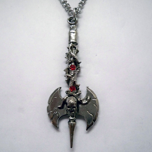 Skull Axe w Thorns & Red Jewel Necklace