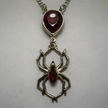 Red Stone Teardrop Pendant w Hanging Spider Necklace