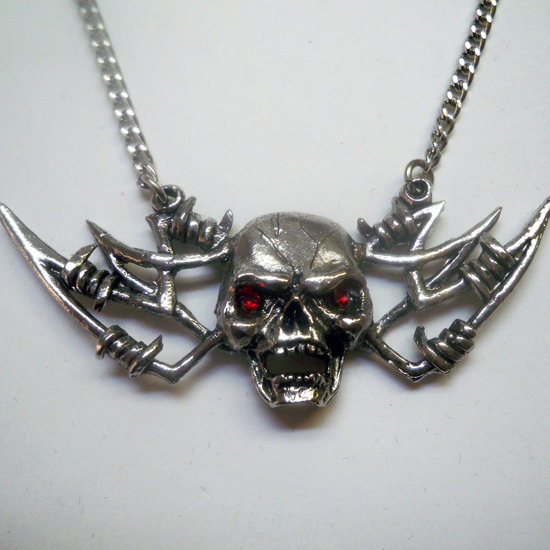Barbed Wire Winged Skull w Red Eyes Necklace