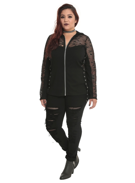 Tripp Plus Size Gothic Black Skull Lace Mesh Zip Hoodie - Click Image to Close