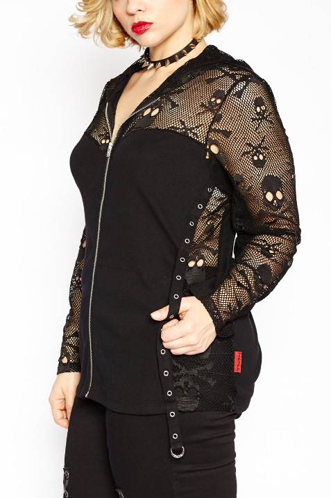 Tripp Plus Size Gothic Black Skull Lace Mesh Zip Hoodie - Click Image to Close