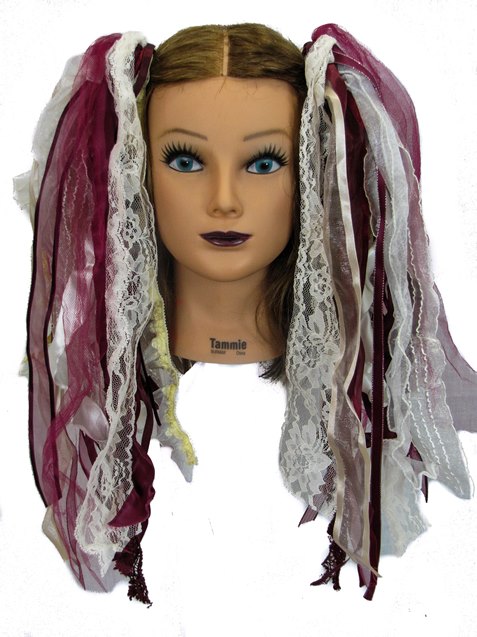 White & Burgundy & Cream Gothic Ribbon Hair Falls by Dreadful Falls - Click Image to Close