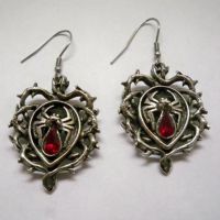 Spider w Red Teardrop Body in Vines Earrings