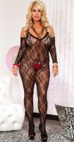 Plus Size Stretch Lace Spaghetti Straps Crotchless Bodystocking w Sleeves