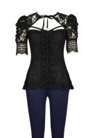 Plus Size Black Gothic Lace Ruffle Front Tie Top