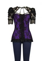 Plus Size Black & Purple Gothic Lace Ruffle Front Tie Top