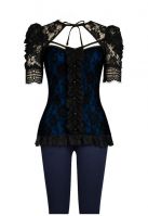 Plus Size Black & Blue Gothic Lace Ruffle Front Tie Top