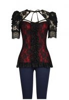 Plus Size Black & Red Gothic Lace Ruffle Front Tie Top