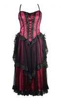 Dark Star Black & Dark Pink Gothic Satin & Lace Netted Long Corset Dress