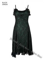 Dark Star Gothic Black & Green Lace & Roses Silk Satin Dress