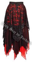 Dark Star Gothic Black and Red Lace Satin Net Multi Tier Witchy Hem Skirt